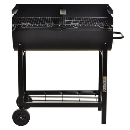 Outsunny Charcoal Barbecue Grill Garden BBQ Trolley w/ Dual Grill, Adjustable Grill Nets, Heat-resistant Steel, Wheels, Black