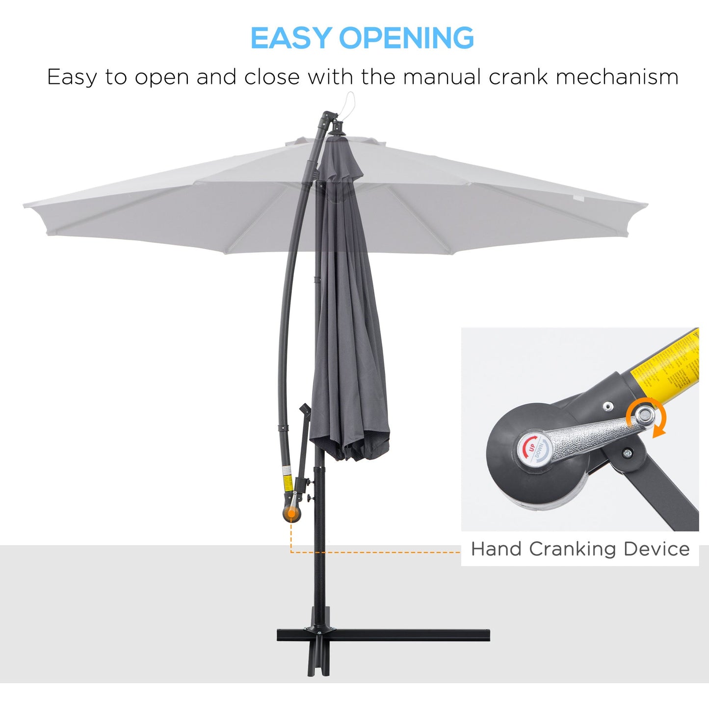 3 Metre Garden Banana Parasol Cantilever Umbrella with Crank Handle and Cross Base, 8 Ribs for Outdoor, Hanging Sun Shade, Grey