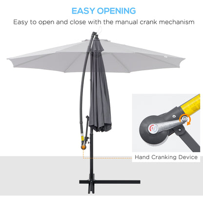 3 Metre Garden Banana Parasol Cantilever Umbrella with Crank Handle and Cross Base, 8 Ribs for Outdoor, Hanging Sun Shade, Grey