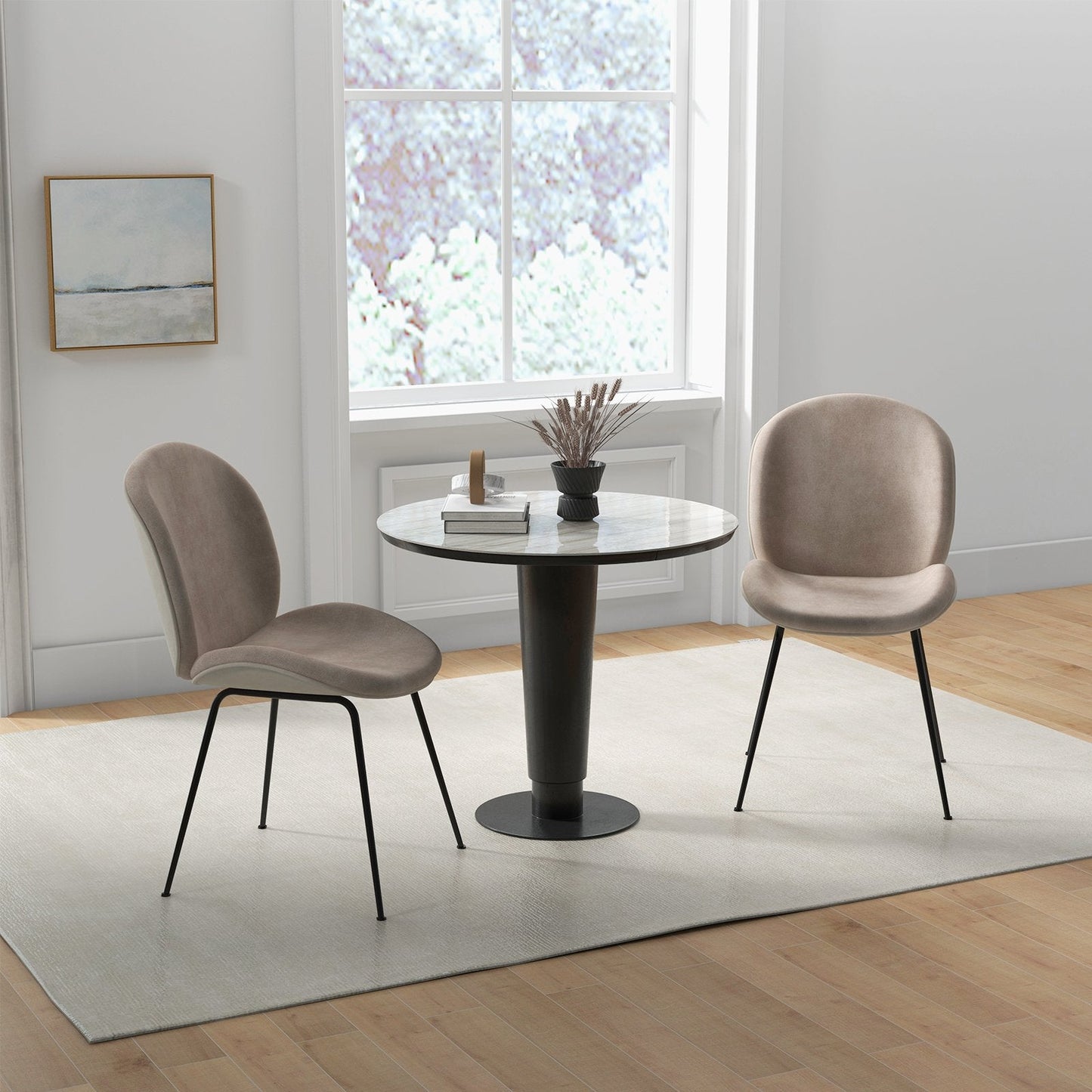Velvet Upholstered Dining Chair Set of 2 with Metal Base-Coffee