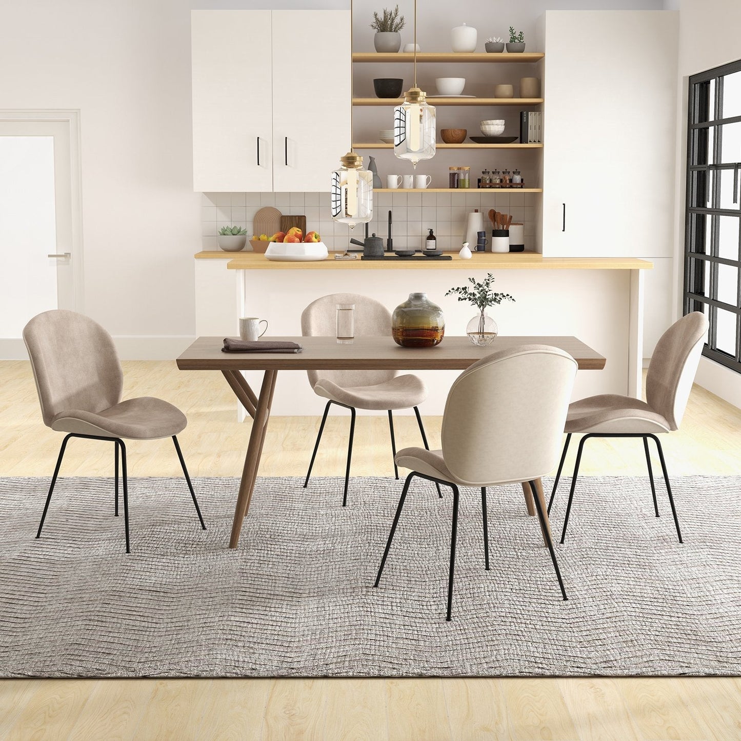 Velvet Upholstered Dining Chair Set of 2 with Metal Base-Coffee