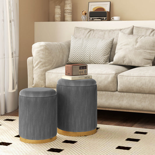 Velvet Storage Ottoman Set of 2 with Gold Stainless Steel Hoop-Grey
