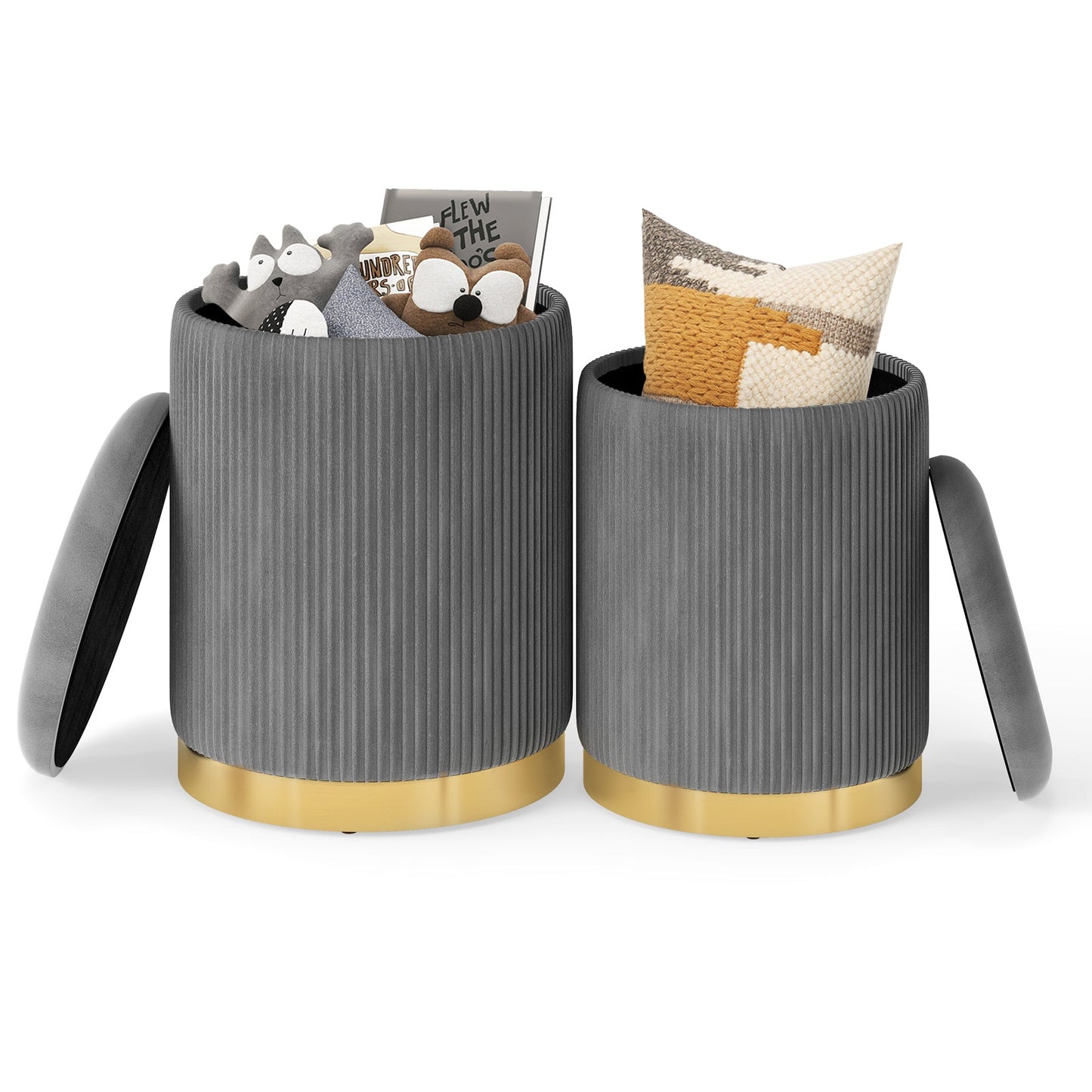 Velvet Storage Ottoman Set of 2 with Gold Stainless Steel Hoop-Grey