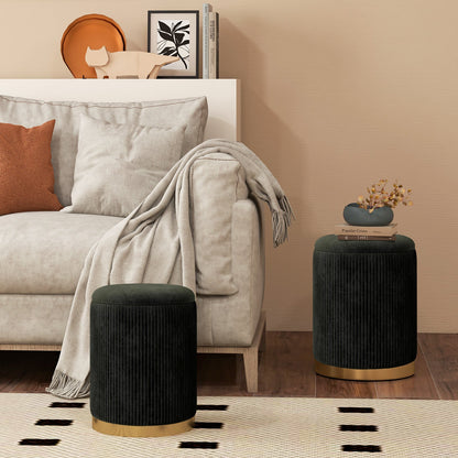 Velvet Storage Ottoman Set of 2 with Gold Stainless Steel Hoop-Black