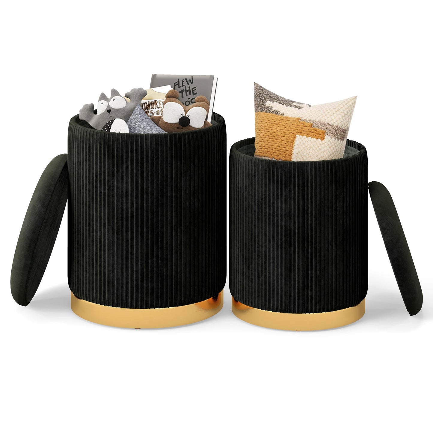 Velvet Storage Ottoman Set of 2 with Gold Stainless Steel Hoop-Black