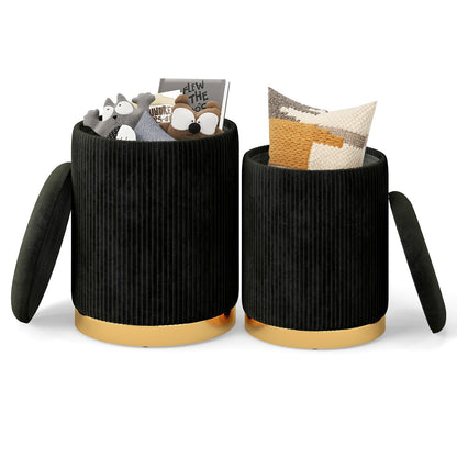 Velvet Storage Ottoman Set of 2 with Gold Stainless Steel Hoop-Black
