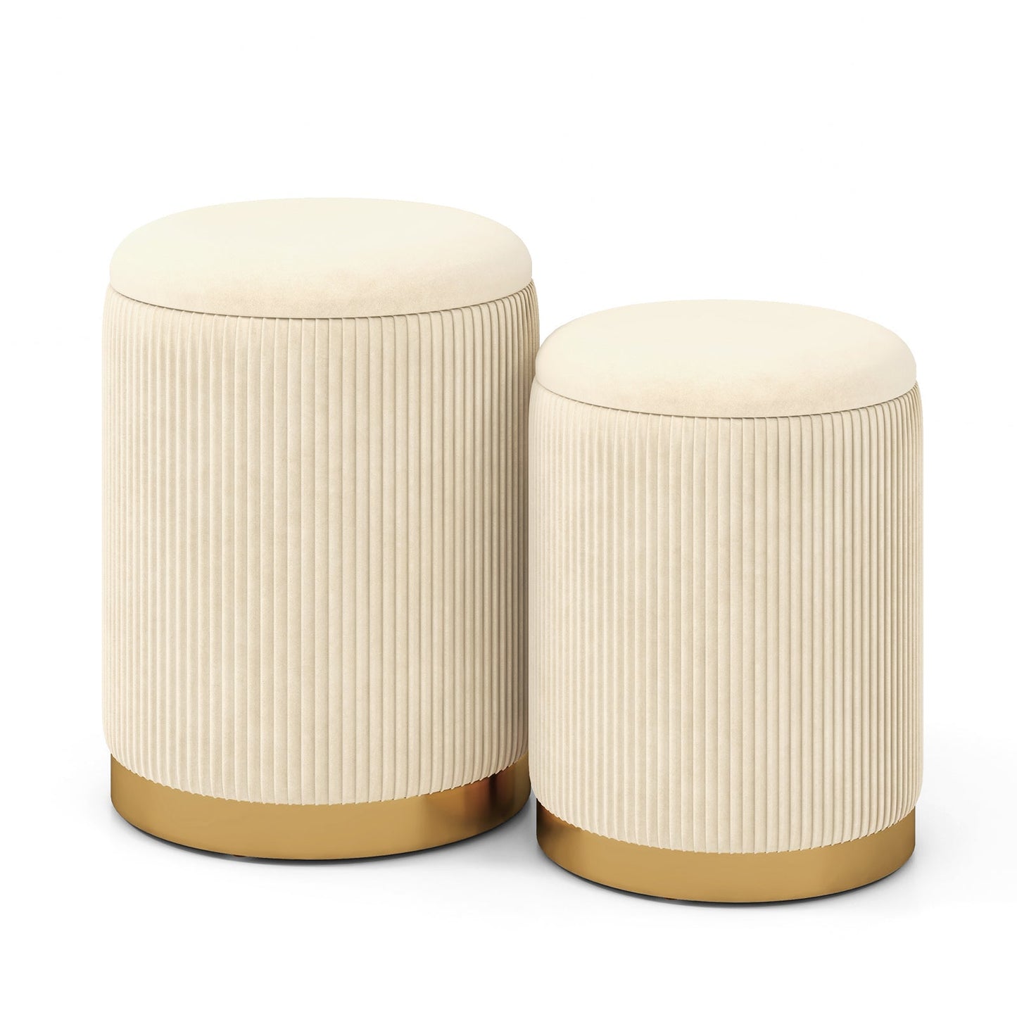 Velvet Storage Ottoman Set of 2 with Gold Stainless Steel Hoop-Beige