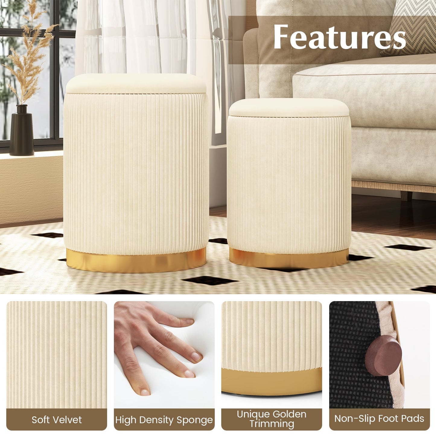 Velvet Storage Ottoman Set of 2 with Gold Stainless Steel Hoop-Beige