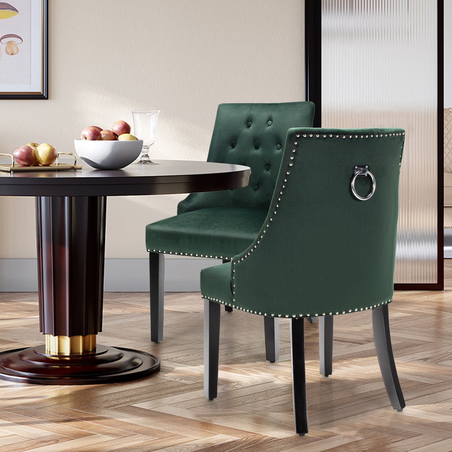 Modern Button-Tufted Velvet Studded Dining Chair with Nail head Trim-Green
