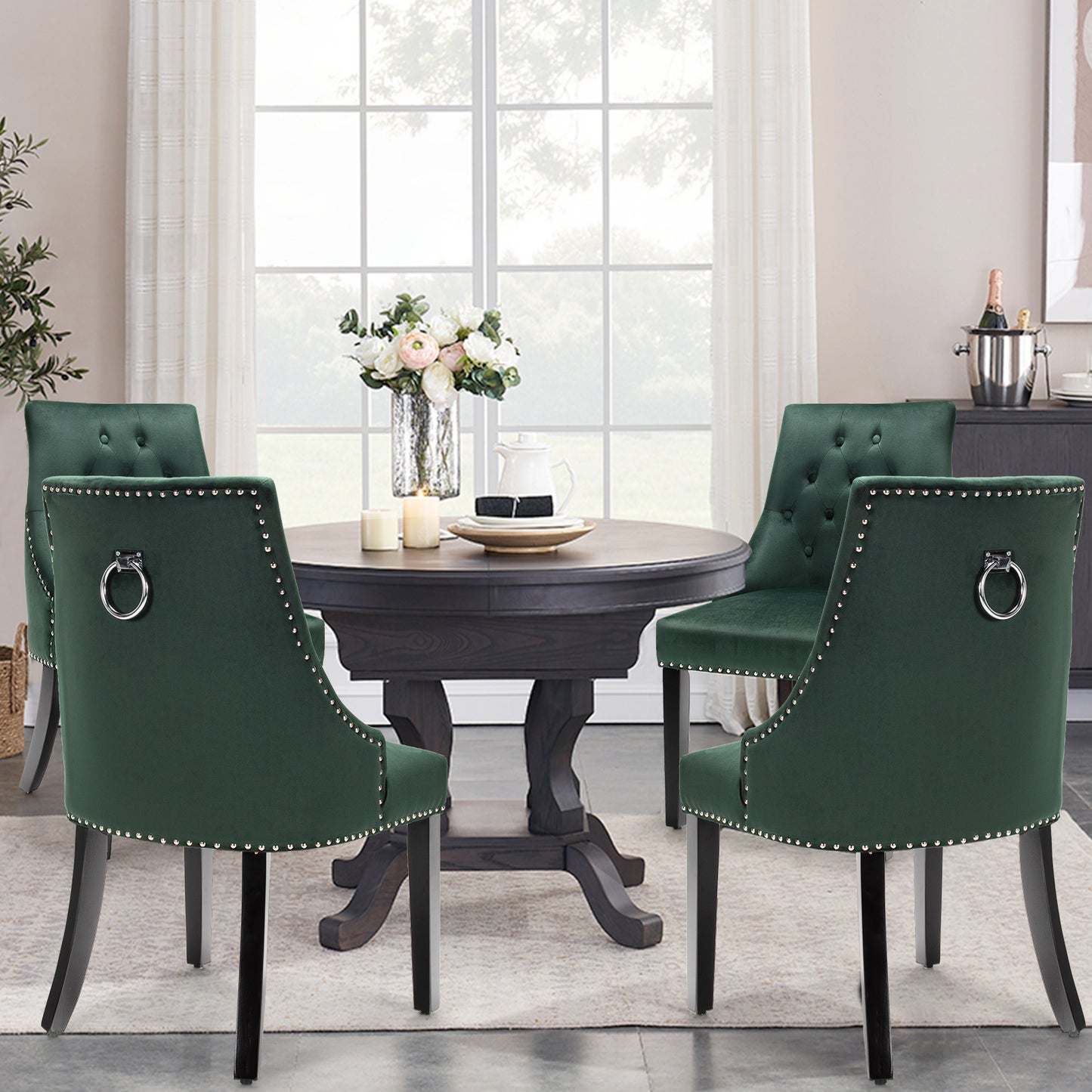 Modern Button-Tufted Velvet Studded Dining Chair with Nail head Trim-Green