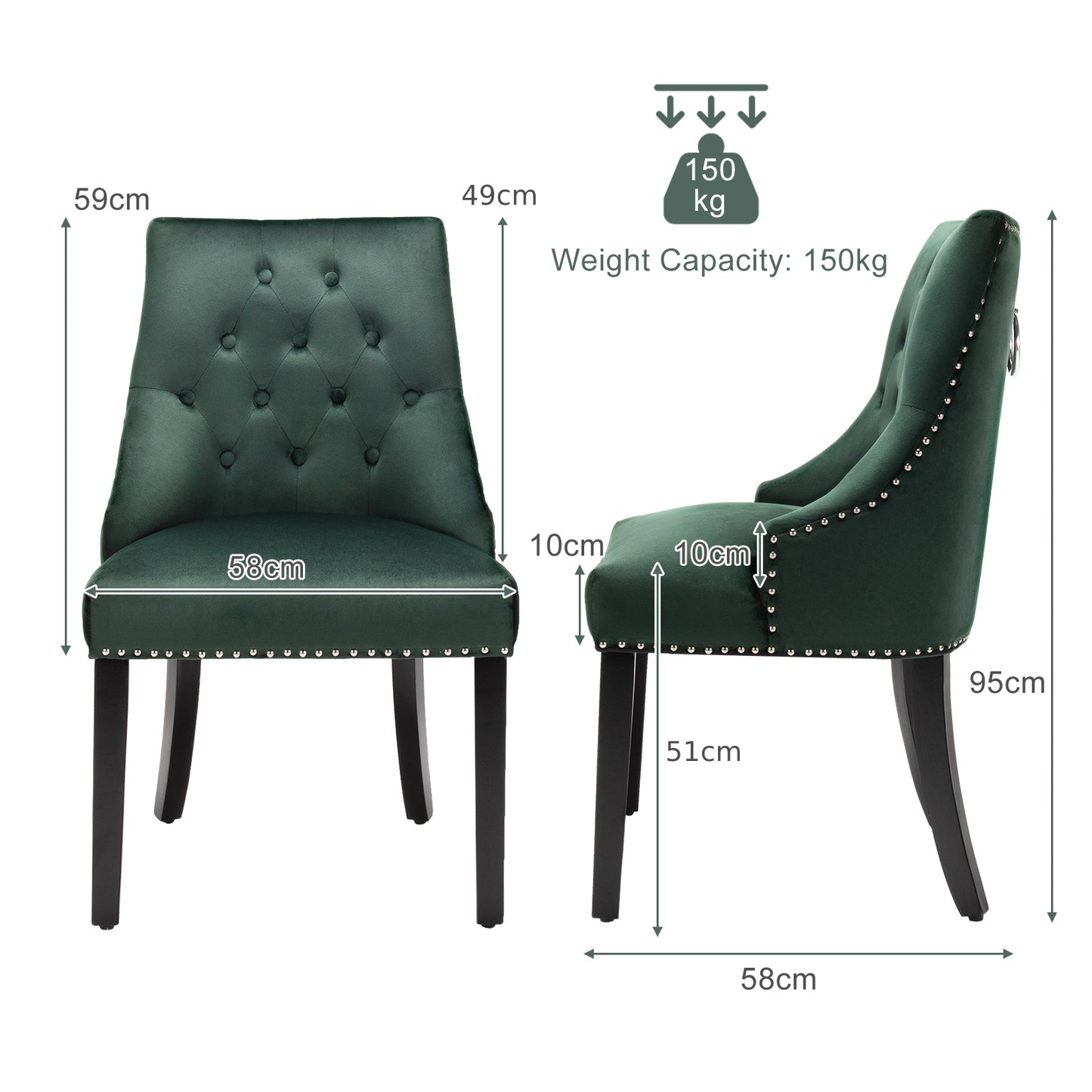 Modern Button-Tufted Velvet Studded Dining Chair with Nail head Trim-Green