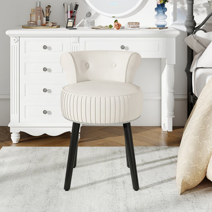 Velvet Vanity Chair with Tufted Low Back and Solid Wood Legs-White