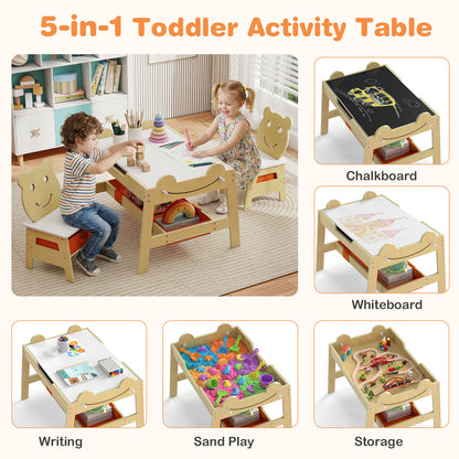 Versatile Kids Table and 2 Chairs Set Wooden Activity Table with Detachable Double-sized Tabletop for boys and girls-Natural
