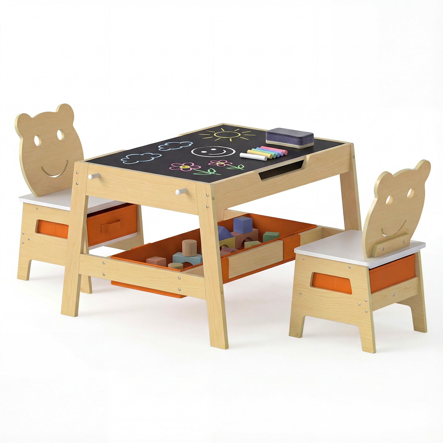 Versatile Kids Table and 2 Chairs Set with Detachable Double-sized Tabletop-Natural