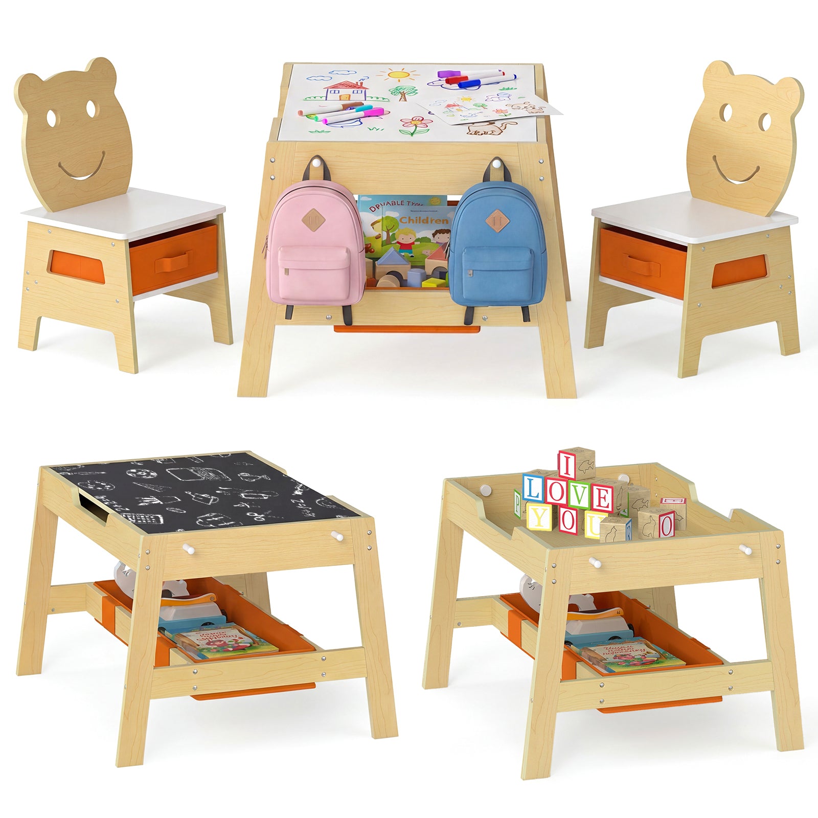 Versatile Kids Table and 2 Chairs Set with Detachable Double-sized Tabletop-Natural