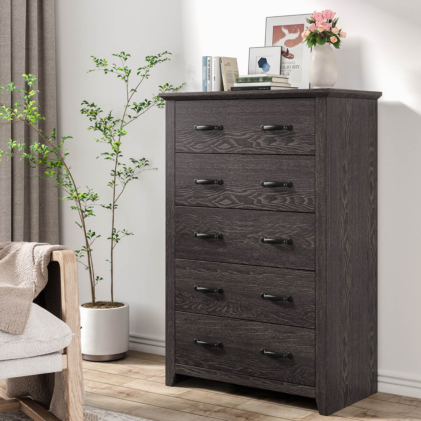Dresser Vertical Chest of Drawers with 5 Pull-out Drawers-Dark Grey