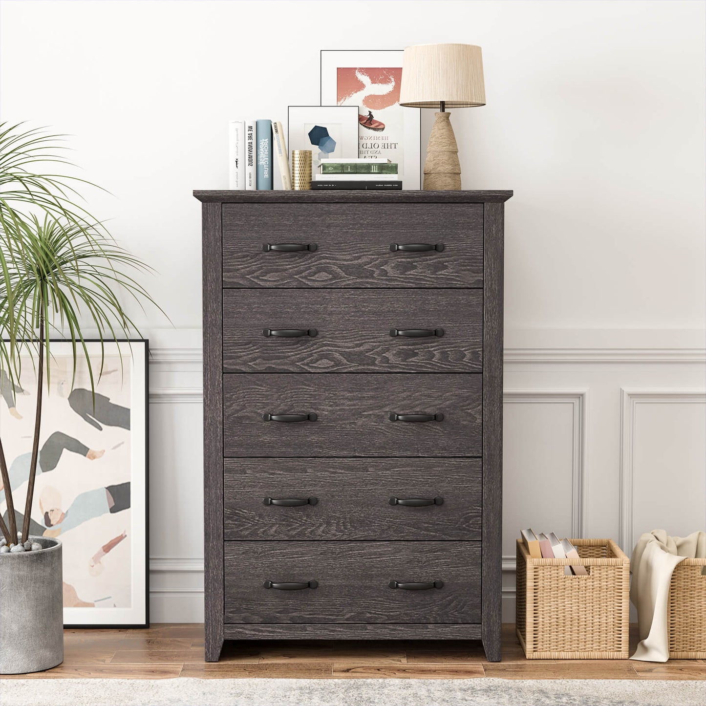 Dresser Vertical Chest of Drawers with 5 Pull-out Drawers-Dark Grey