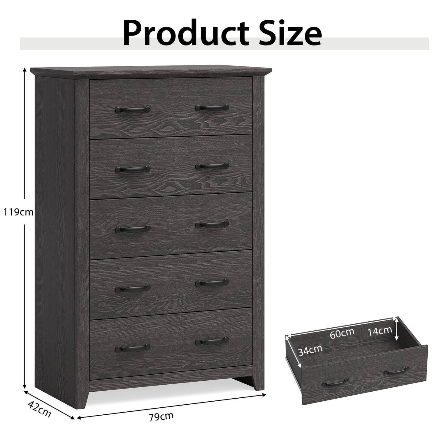 Dresser Vertical Chest of Drawers with 5 Pull-out Drawers-Dark Grey