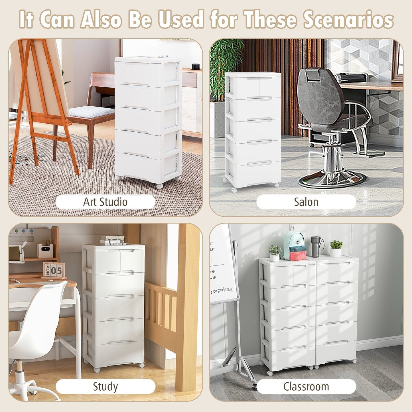 Vertical Rolling Storage Cabinet with Universal Wheels and Lockable Wheels-5 Drawers