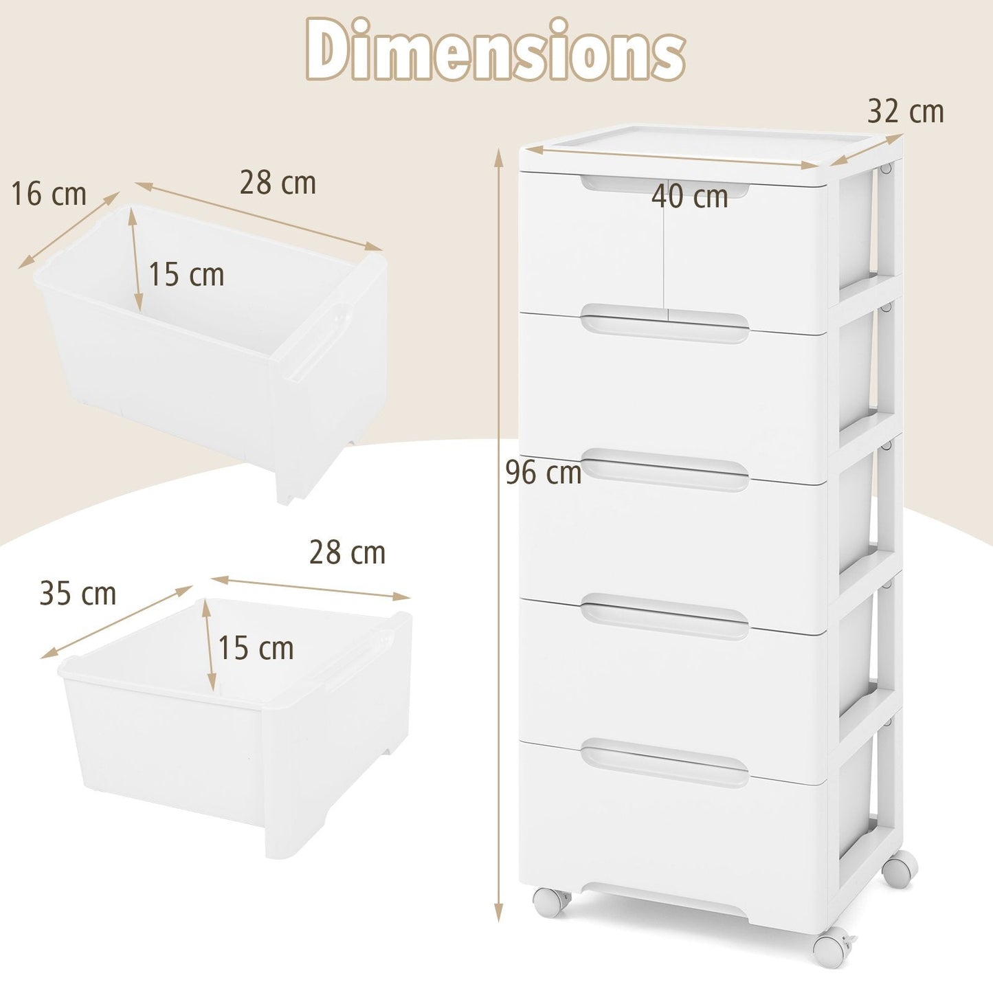 Vertical Rolling Storage Cabinet with Universal Wheels and Lockable Wheels-5 Drawers