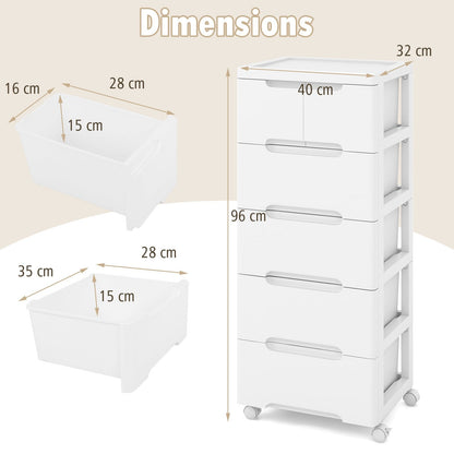 Vertical Rolling Storage Cabinet with Universal Wheels and Lockable Wheels-5 Drawers