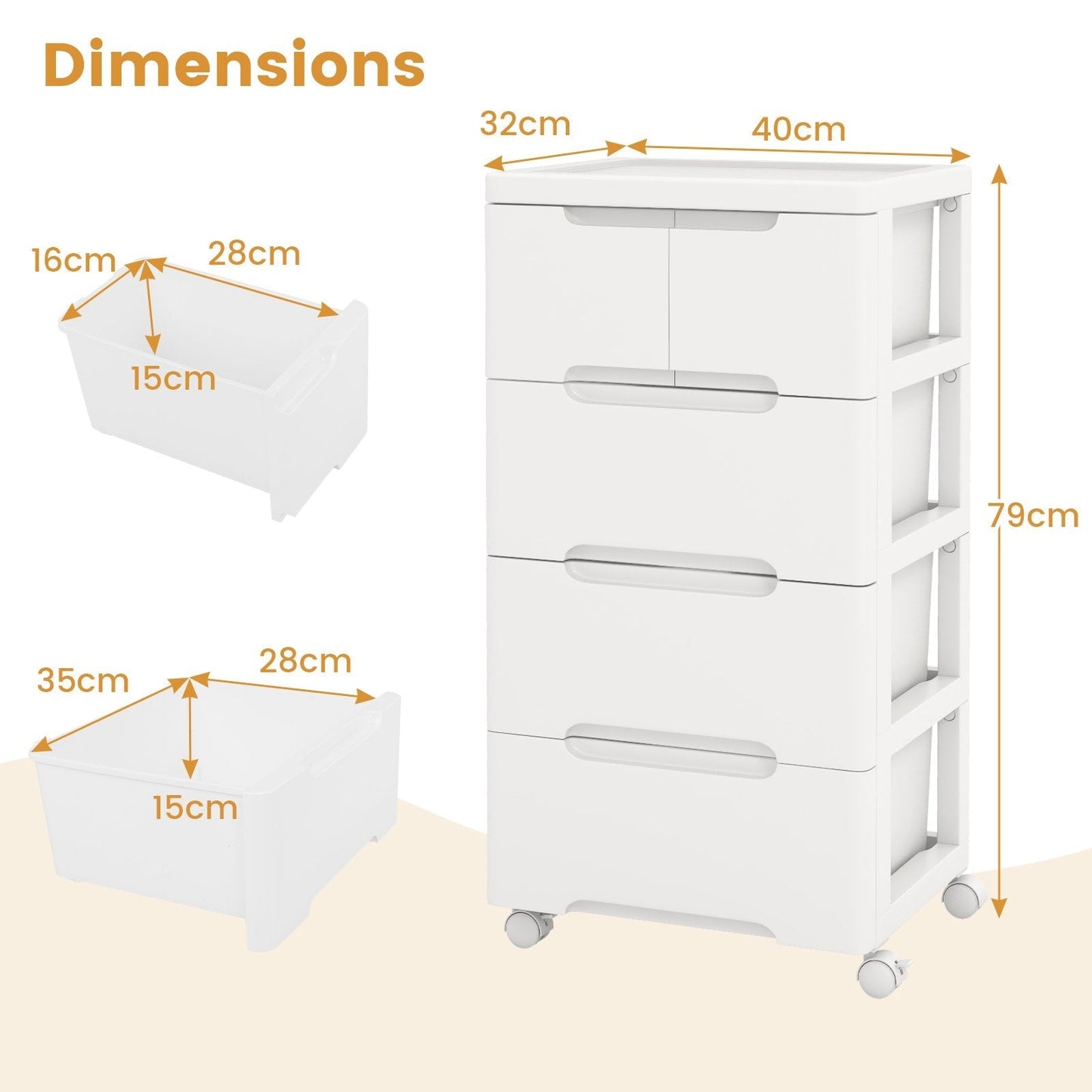 Vertical Rolling Storage Cabinet with Universal Wheels and Lockable Wheels-4 Drawers