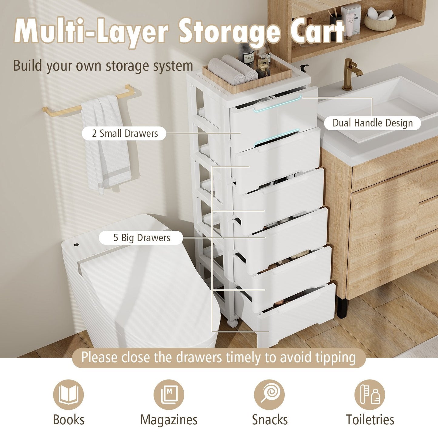 Vertical Rolling Storage Cabinet with Universal Wheels and Lockable Wheels-6 Drawers
