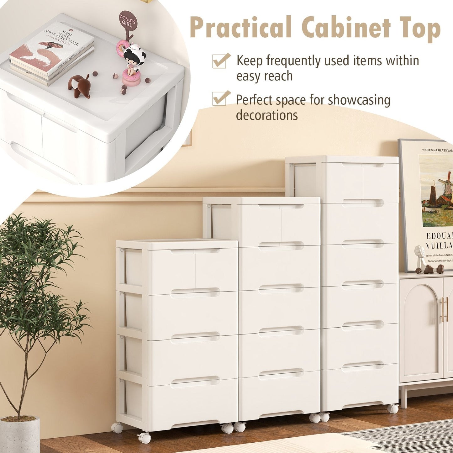 Vertical Rolling Storage Cabinet with Universal Wheels and Lockable Wheels-6 Drawers