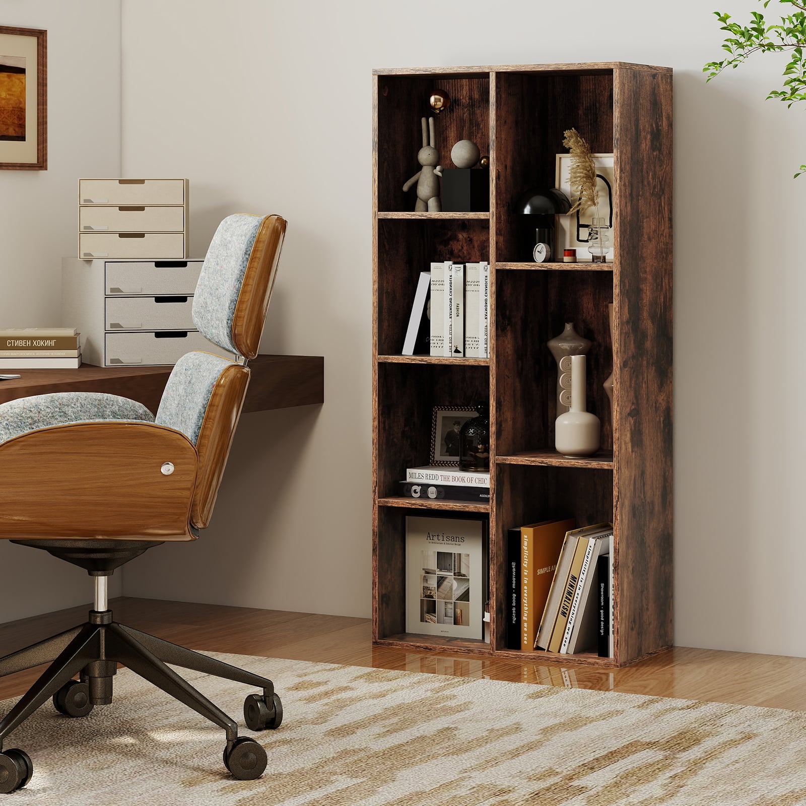 Vertical or Horizontal Freestanding Bookshelf with 7 Compartments-Rustic Brown