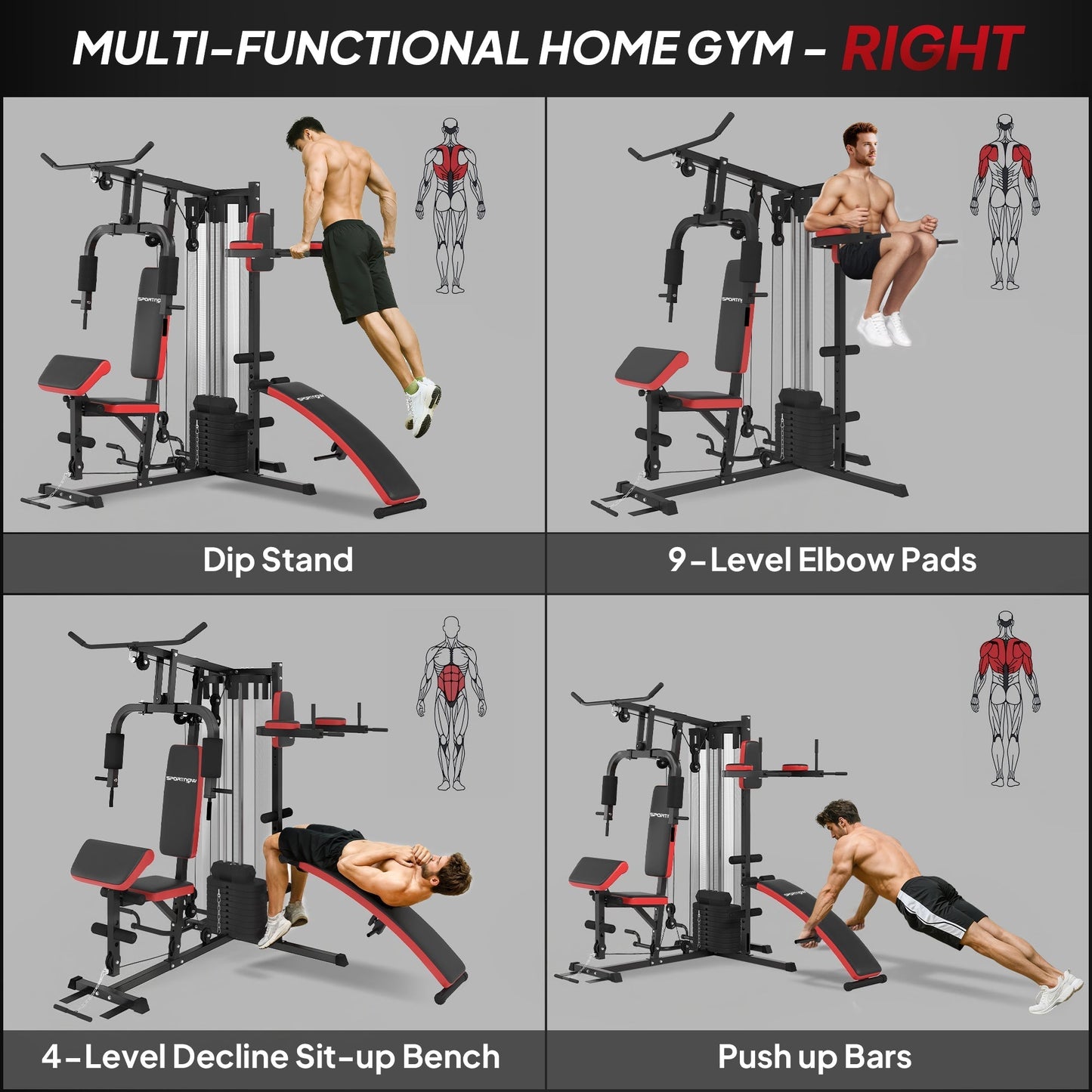SPORTNOW Multi Gym Workout Station, Weight Machine with 65kg Weight Stack, Sit Up Bench, Push Up Stand, Dip Station
