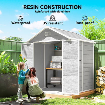 Outsunny 6 x 5ft Garden Shed, plastikowa szopa z podłogą, oknem, zamykanymi drzwiami i otworami wentylacyjnymi, imitacja drewna, szopa narzędziowa z żywicy na patio, jasnoszara