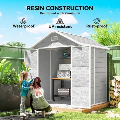 Outsunny 6 x 5ft Garden Shed, Plastic Shed with Floor, Window, Lockable Doors and Vents, Wood Effect Resin Tool Shed for Outdoor Patio, Light Grey