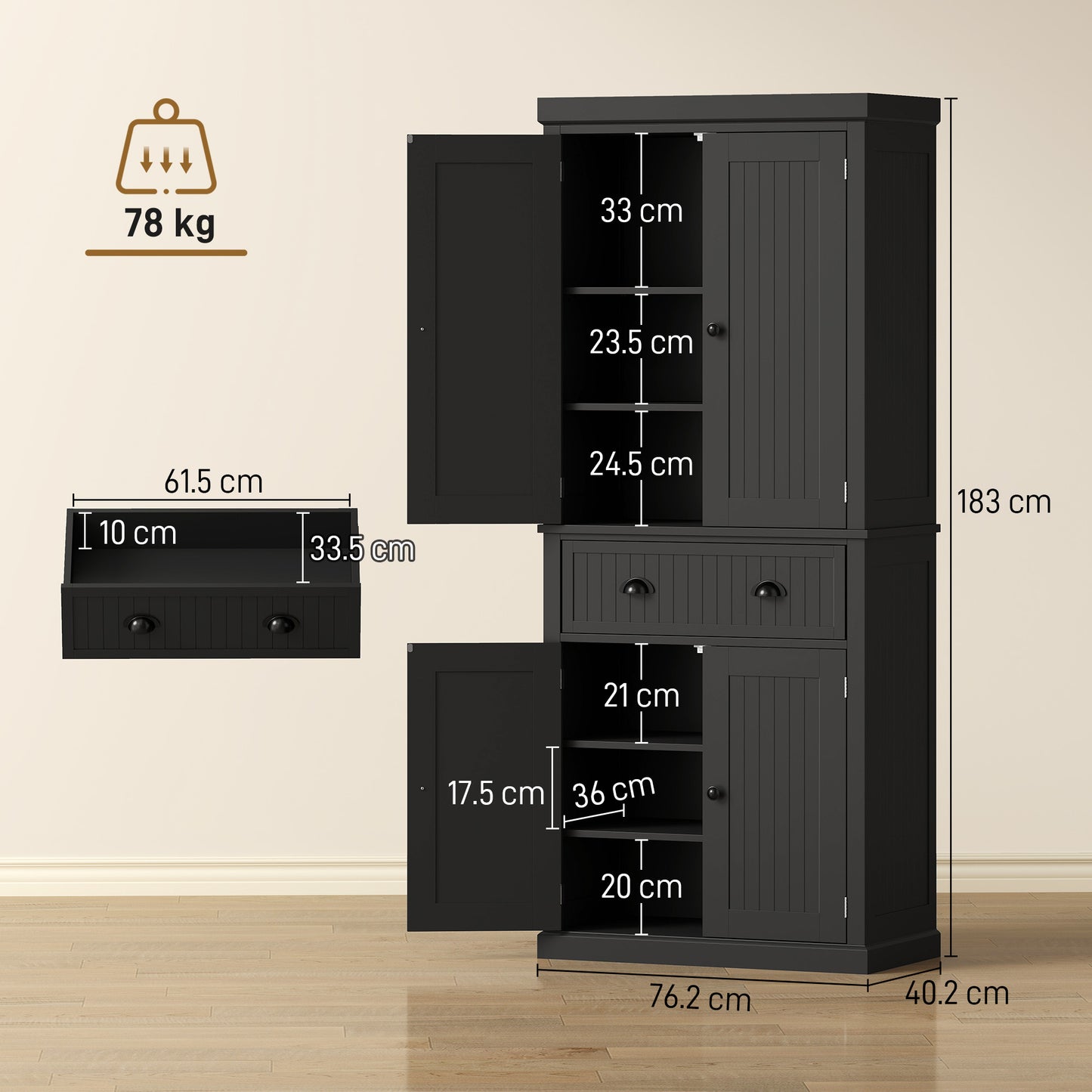 HOMCOM Kitchen Storage Cabinet with Drawer and Adjustable Shelves - Black