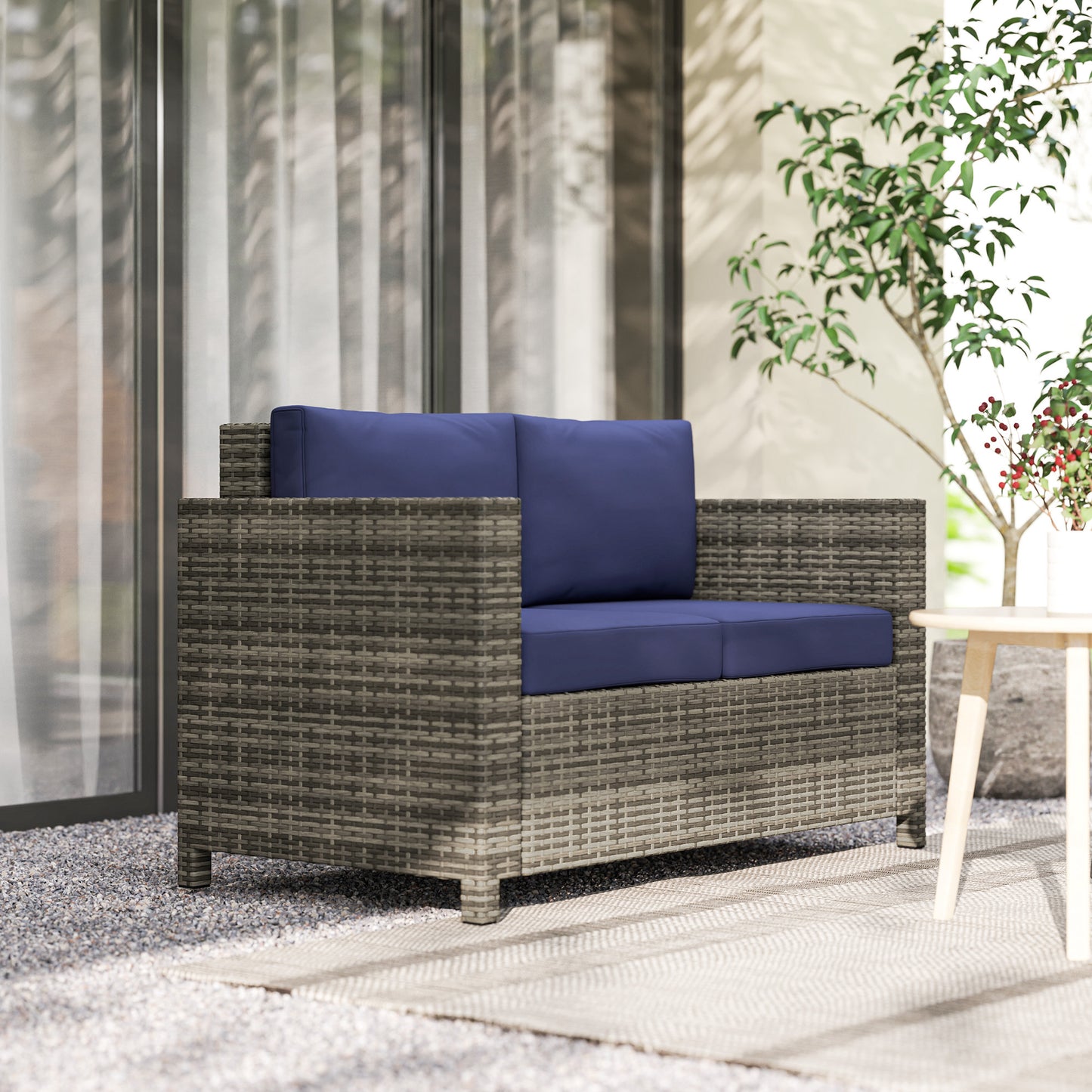 Outsunny 2-osobowe meble ogrodowe, sofa rattanowa z miękką wyściełaną poduszką i podłokietnikami, wiklinowa ogrodowa sofa dwuosobowa na patio, granatowa
