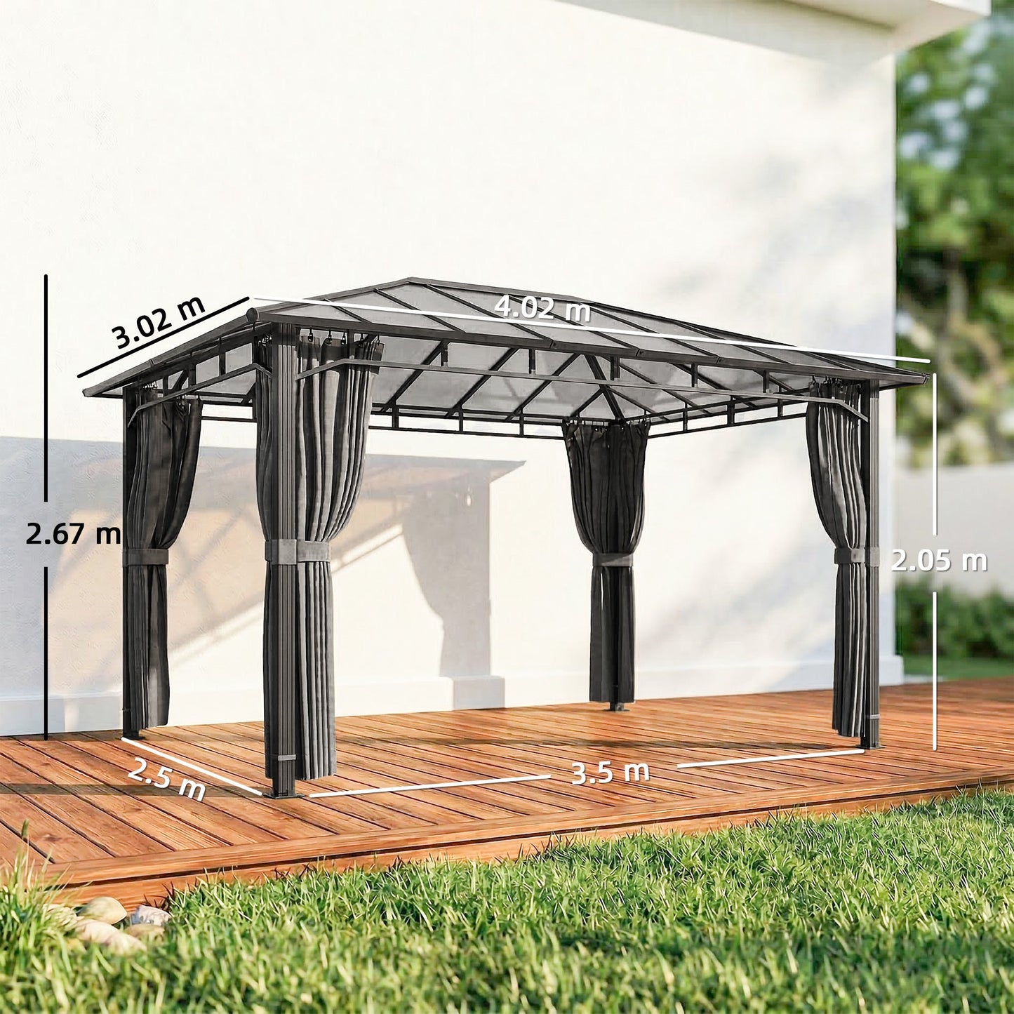 Outsunny 3 x 4 m Outdoor Hardtop Gazebo Canopy with PC Roof, Aluminium Permanent Pavilion Garden Gazebo with Curtains, Dark Grey