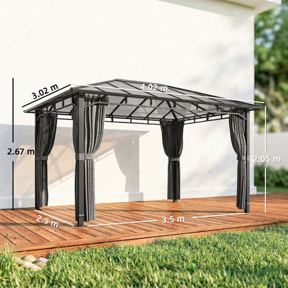 Outsunny 3 x 4 m Outdoor Hardtop Gazebo Canopy with PC Roof, Aluminium Permanent Pavilion Garden Gazebo with Curtains, Dark Grey