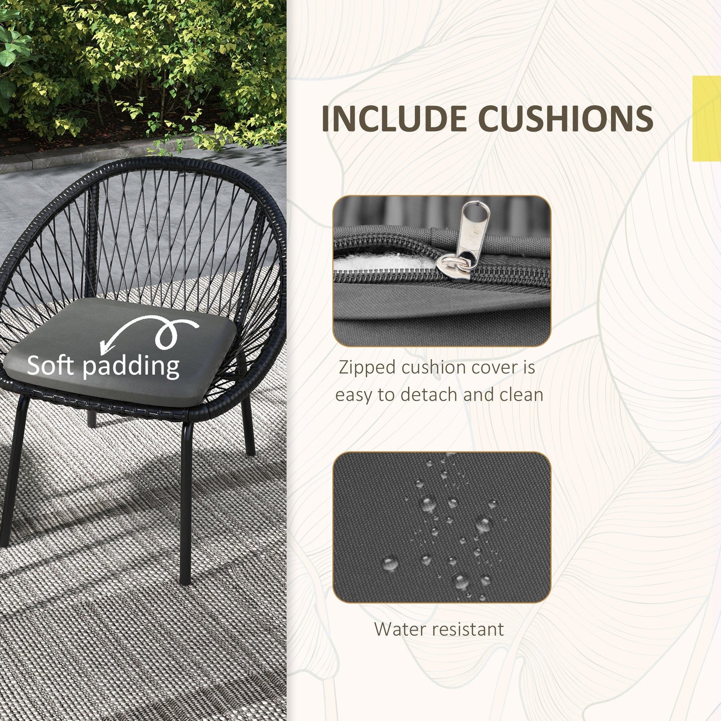 3 Piece Garden Furniture Set With Cushions, Round PE Rattan Bistro With Armchairs & Metal Plate Coffee Table Conversation Furniture - Black