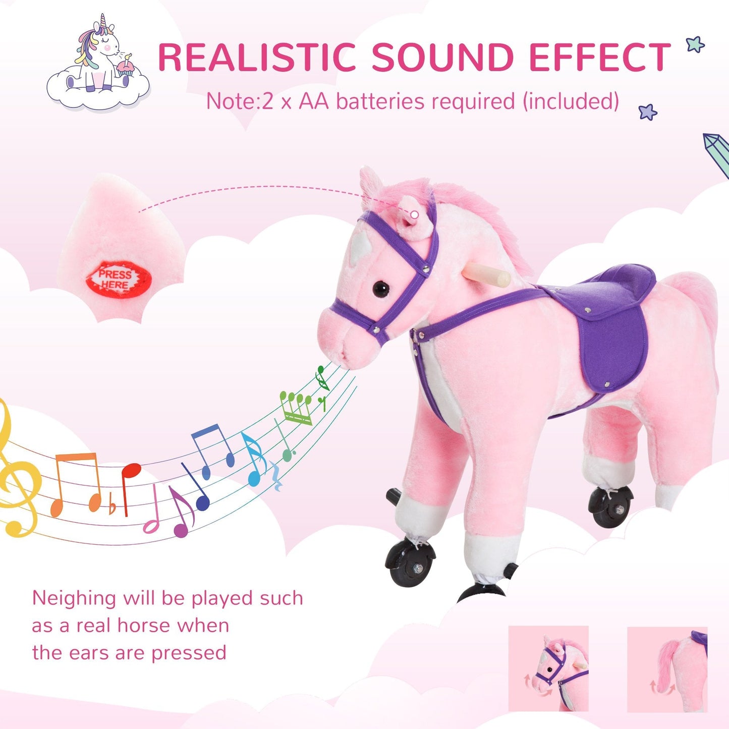 Rocking Horse With Rolling Wheels and Sound - Pink