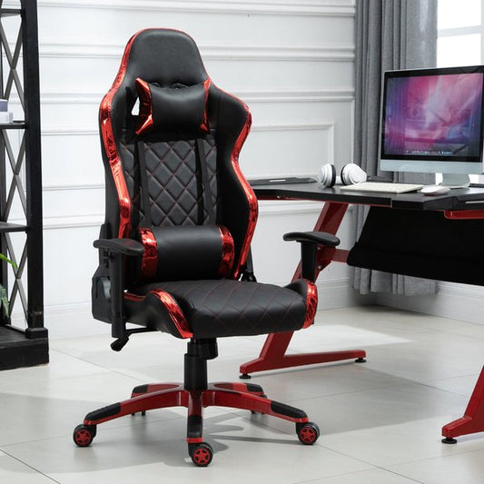 PU Leather Holographic Accent Gaming Chair w/ Pillows- Red/Black