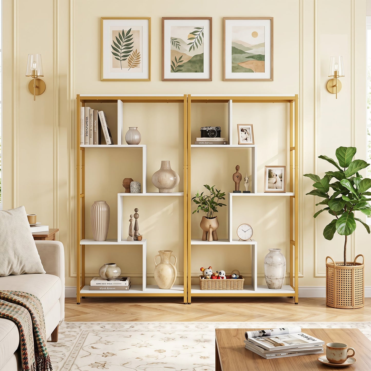 Vintage Open Storage Shelving Unit with Metal Frame for Home Office-White