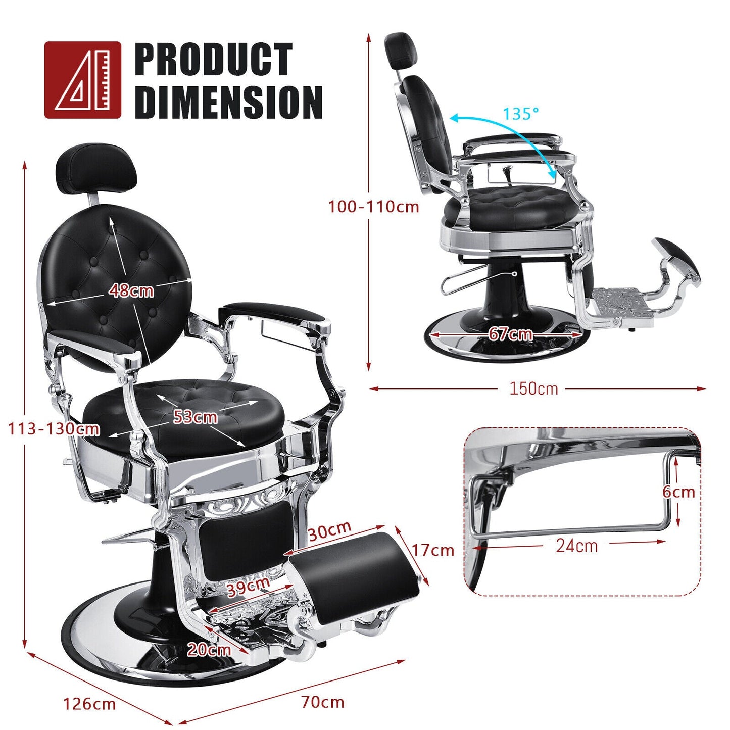 Height Adjustable 360¬∞ Swivel Vintage Salon Barber Chair-Black