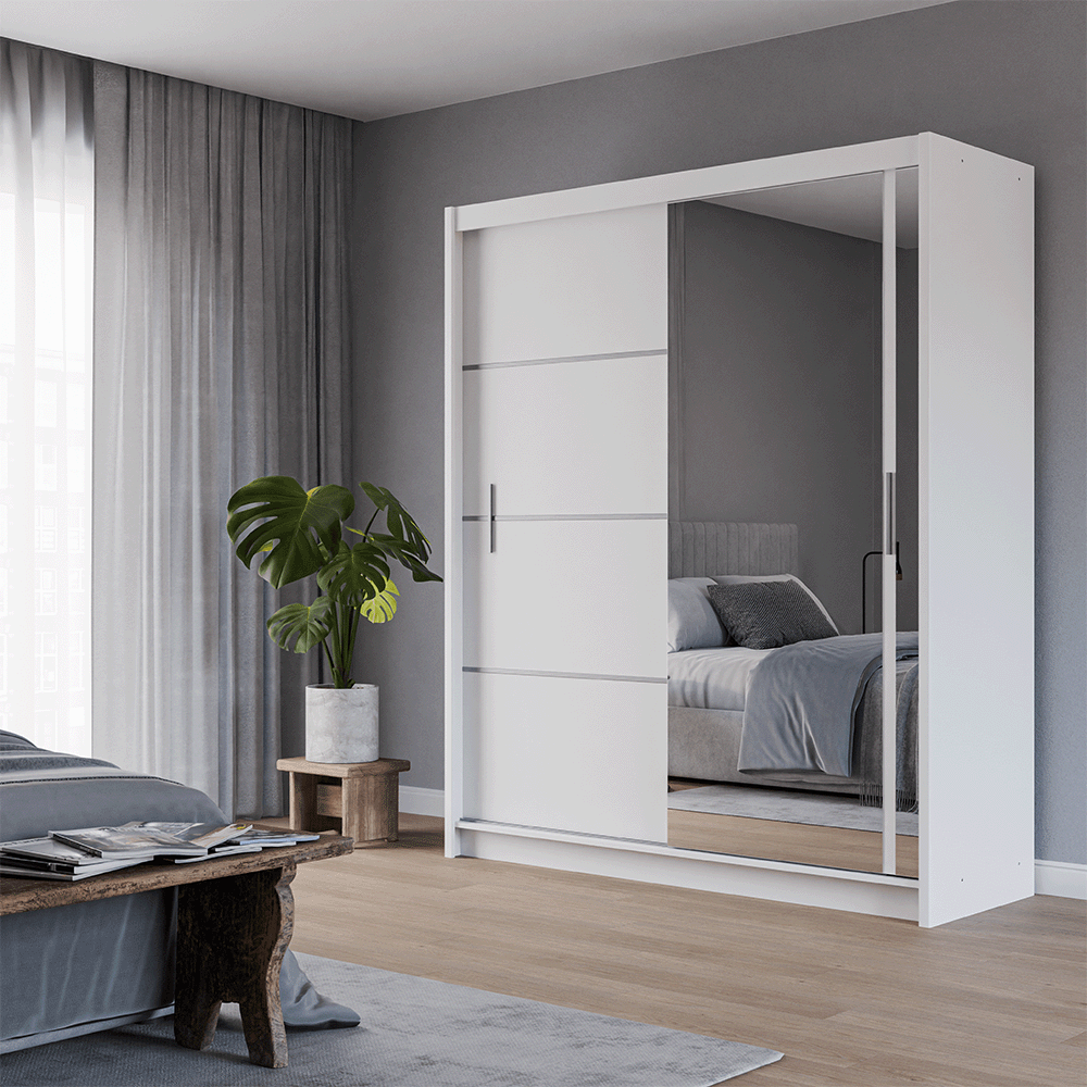 White Mirrored Sliding Door Wardrobe 180cm – MAYFAIR