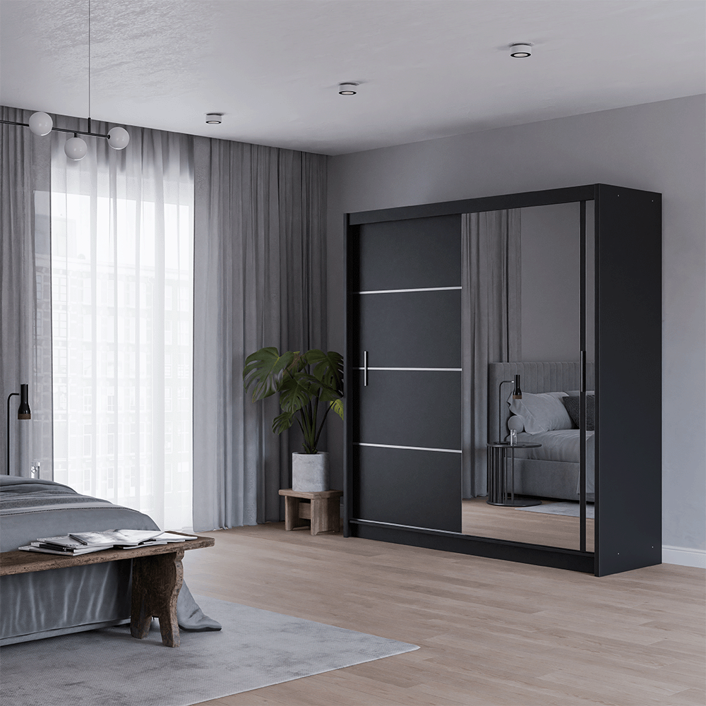 Black Mirrored Sliding Door Wardrobe 203cm – MAYFAIR