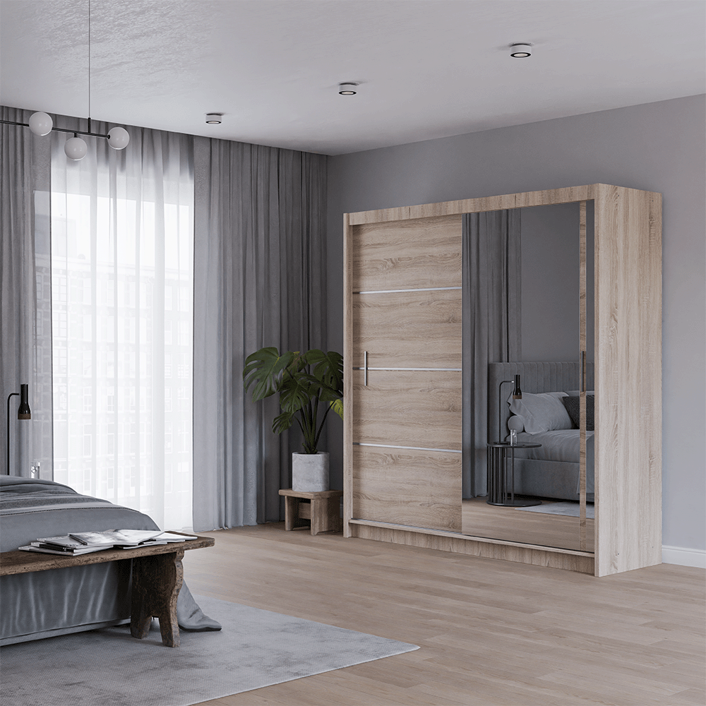 Oak Sonoma Mirrored Sliding Door Wardrobe 203cm – MAYFAIR