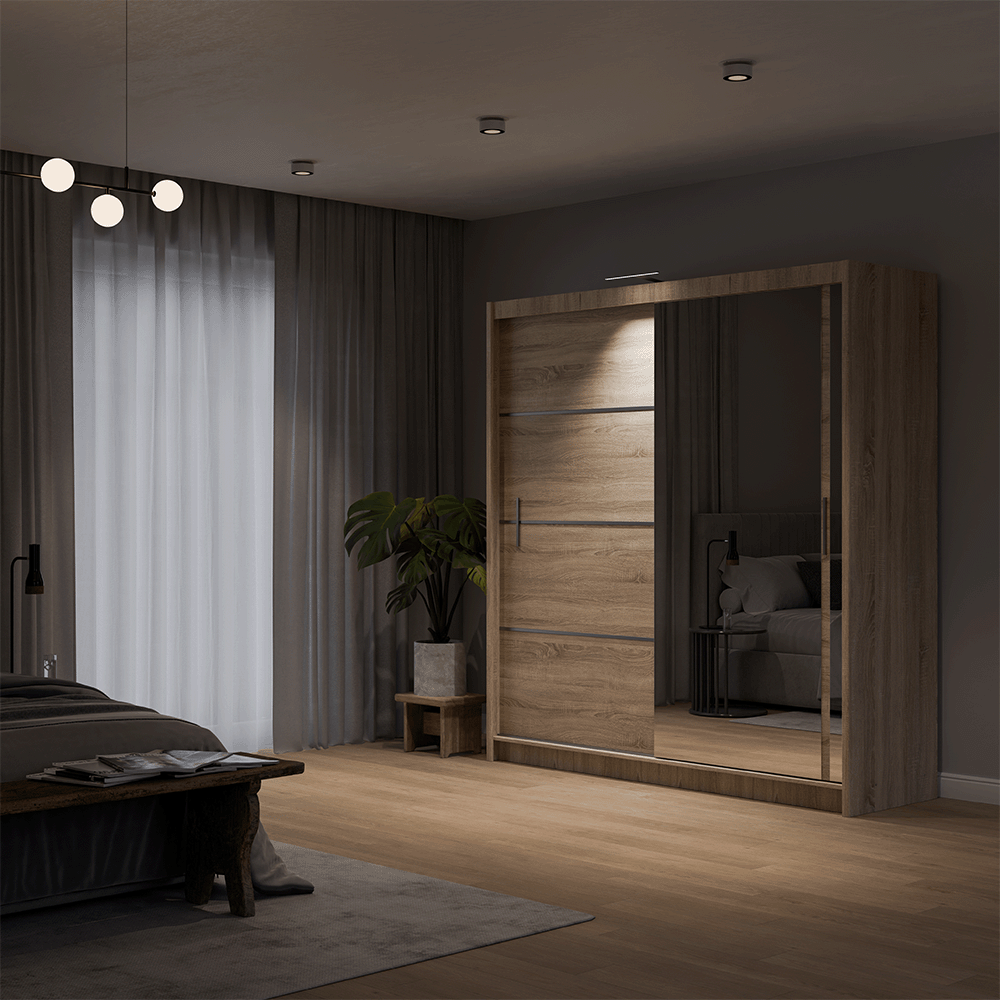 Oak Sonoma Mirrored Sliding Door Wardrobe 203cm – MAYFAIR