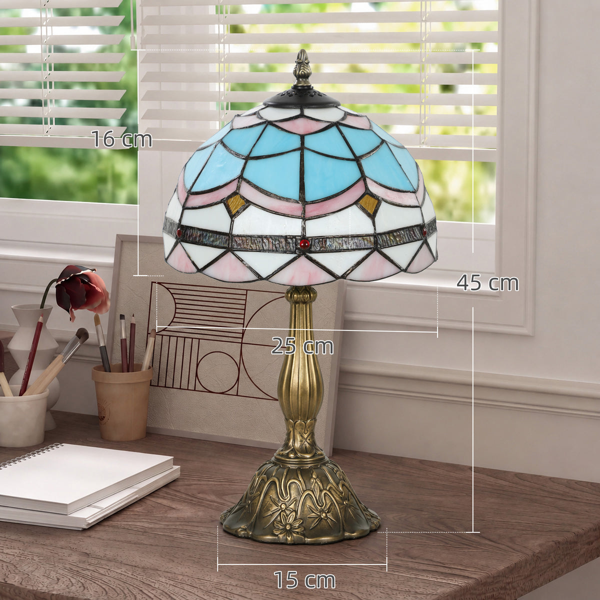HOMCOM Tiffany Stained Glass Table Lamp, Handmade Antique Bedside Lamp, Decorative Night Light
