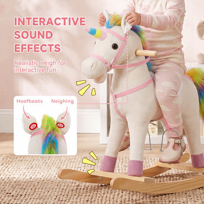 AIYAPLAY Rocking Horse, Unicorn Ride on Horse with Sounds and Stable Wooden Base for 1-3 Years, Cream White