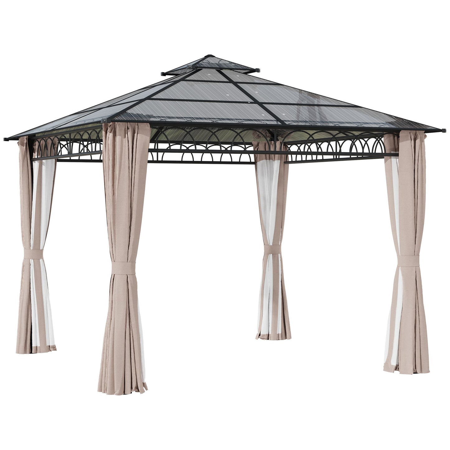 Outsunny 3 x 3 (m) Outdoor Polycarbonate Gazebo, Double√Ç Roof Hard Top Gazebo with√Ç Galvanised Steel Frame, Nettings√Ç &√Ç Curtains for Garden, Lawn, Patio and Deck, Khaki