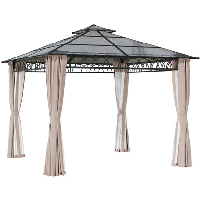 Outsunny 3 x 3 (m) Outdoor Polycarbonate Gazebo, Double√Ç Roof Hard Top Gazebo with√Ç Galvanised Steel Frame, Nettings√Ç &√Ç Curtains for Garden, Lawn, Patio and Deck, Khaki