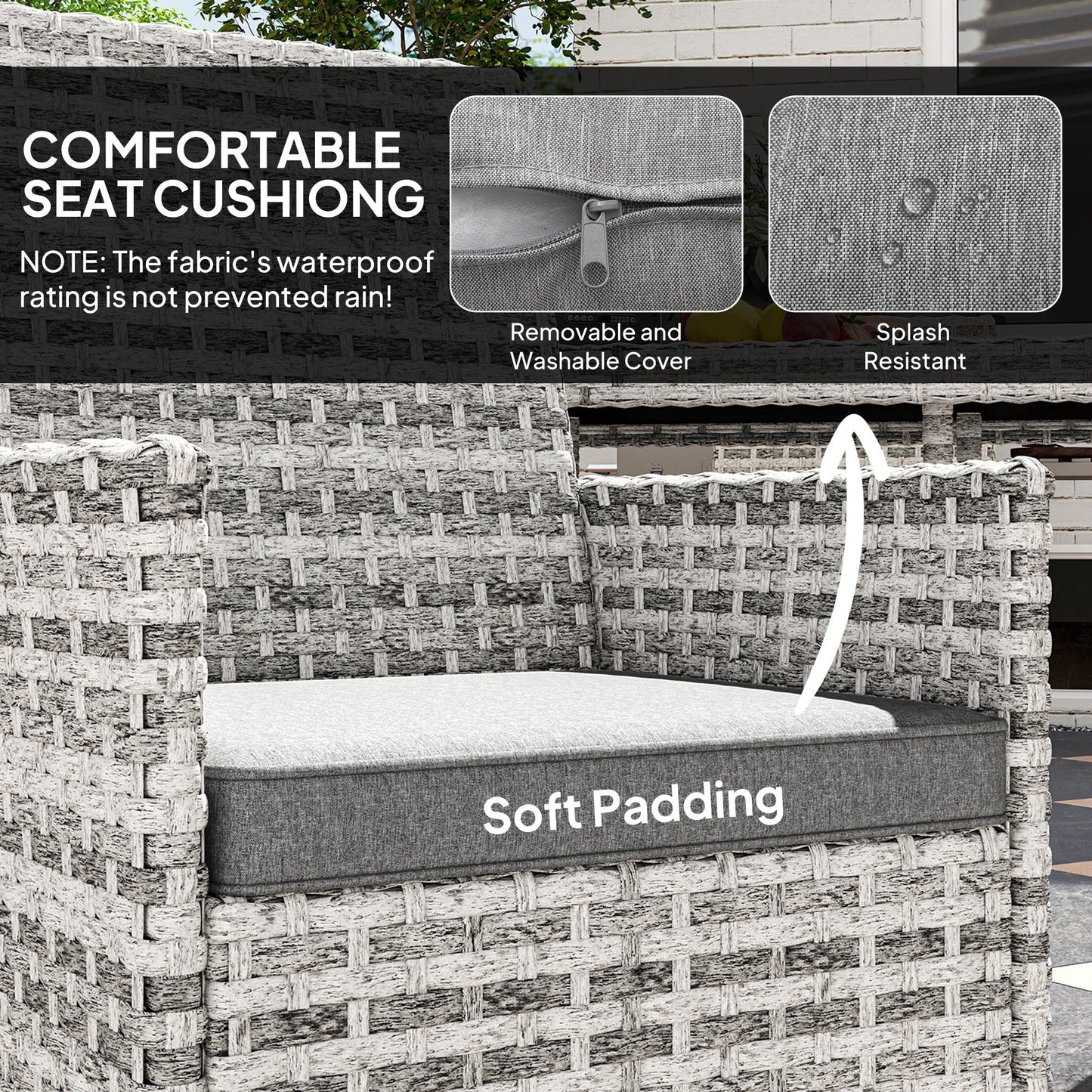 Outsunny Rattan Garden Furniture Set, Outdoor Dining Table and Chairs 4 Seater with Cushions, Square Tempered Glass Top, 4 Armchairs, for Balcony, Terrace, Conservatory, Mixed-Grey